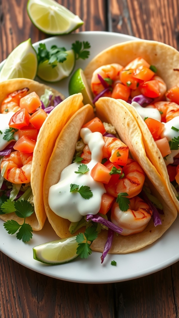 Zesty Shrimp Tacos with Cilantro Lime Sauce A plate of shrimp tacos with grilled shrimp, cabbage, tomatoes, and cilantro lime sauce, garnished with lime wedges.